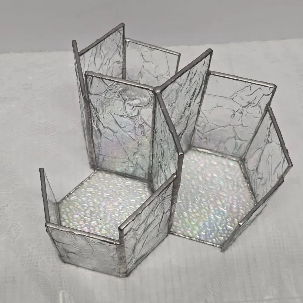 Vintage 3-slots Stained Glass Iridescent Bottom Modernist Votive Candle Holder